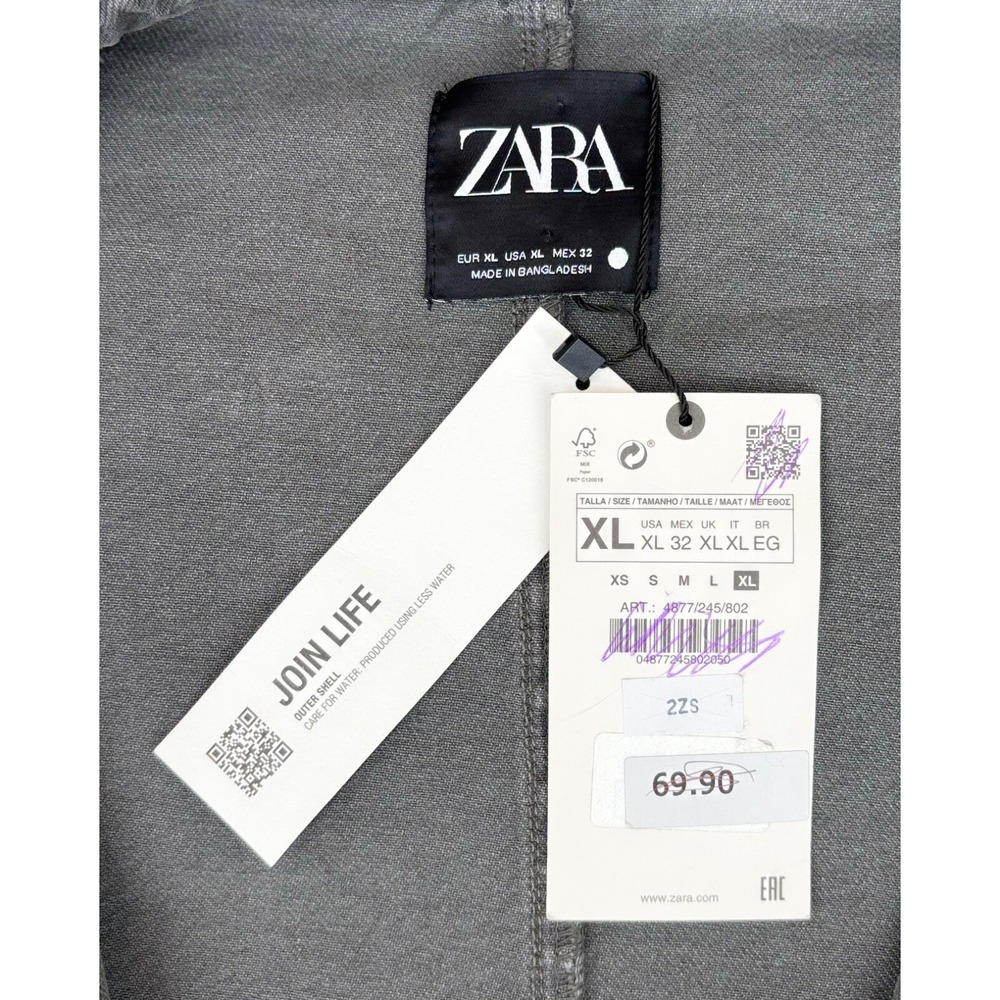 Zara XL Gray Denim Embellished Utility Jacket Crystal Stud Collar Pockets NWT - Picture 6 of 7